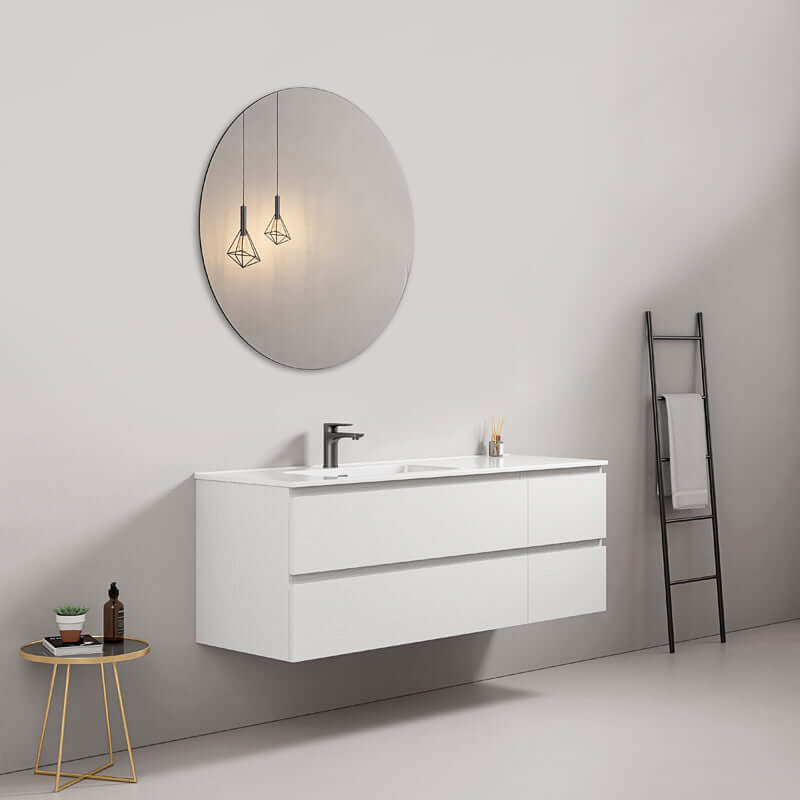 Mobile bagno sospeso 140 cm Bianco Lavabo a Sinistra in Resina Specchio Tondo - Fiji Wood