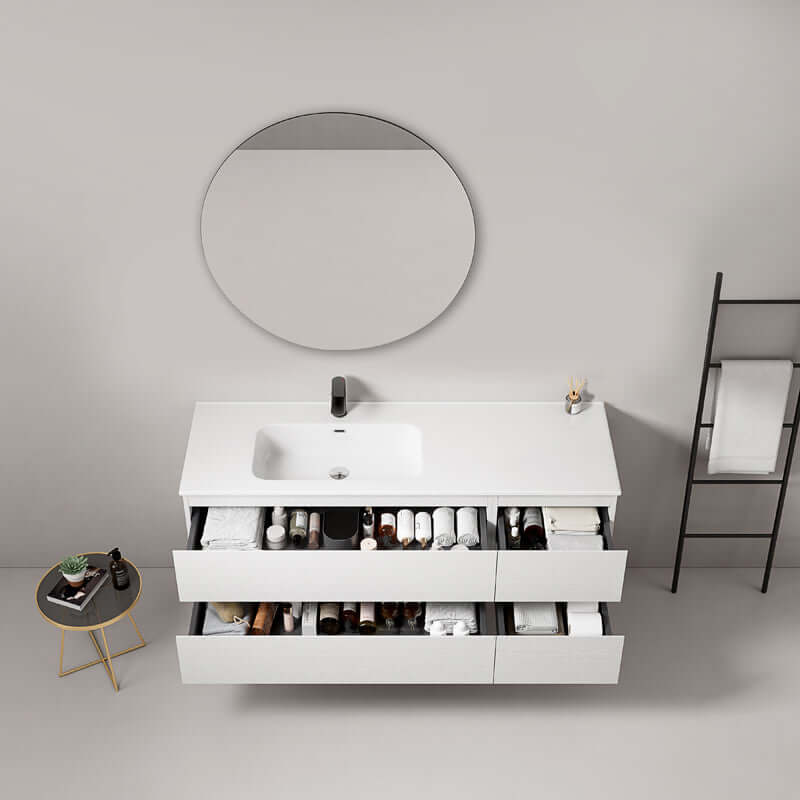 Mobile bagno sospeso 140 cm Bianco Lavabo a Sinistra in Resina Specchio Tondo - Fiji Wood