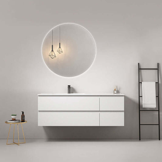 Mobile bagno sospeso 140 cm Bianco Lavabo a Sinistra in Resina Specchio Tondo Retroilluminato - Fiji Wood