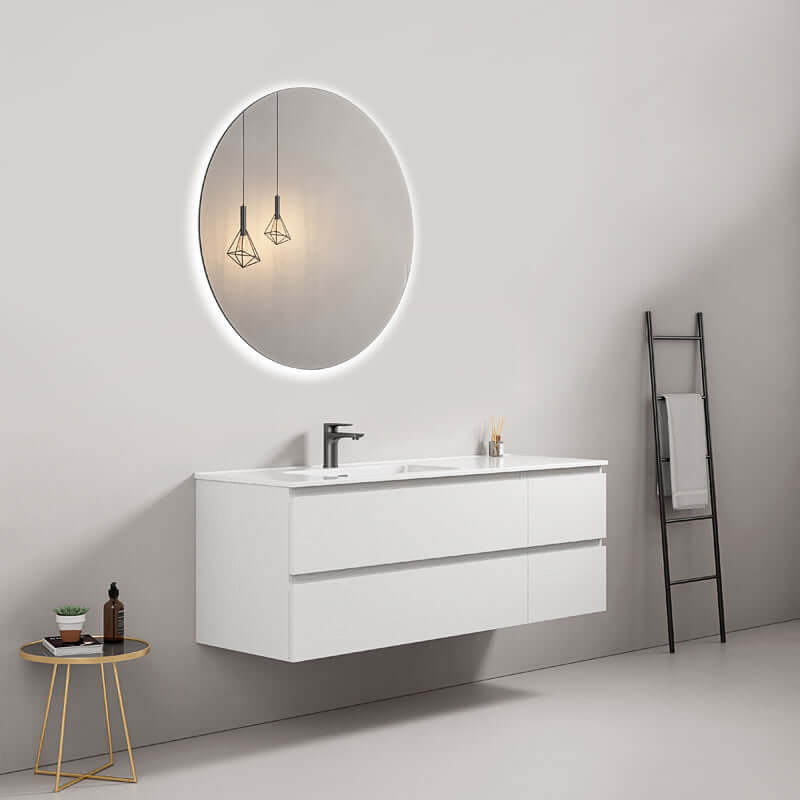 Mobile bagno sospeso 140 cm Bianco Lavabo a Sinistra in Resina Specchio Tondo Retroilluminato - Fiji Wood