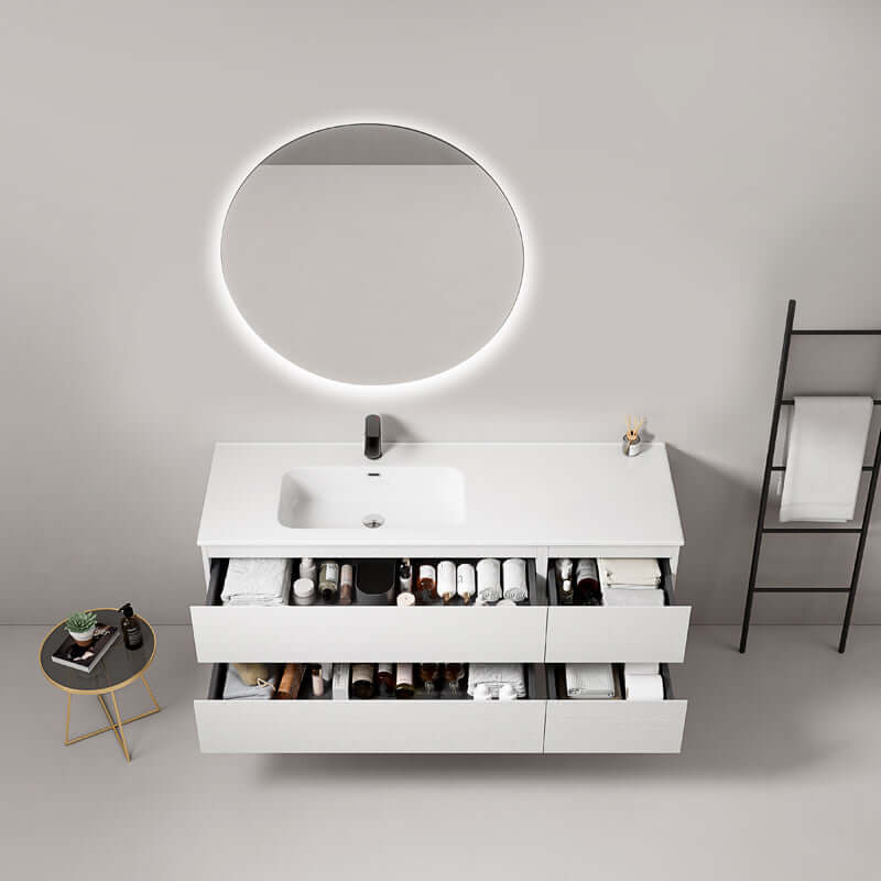 Mobile bagno sospeso 140 cm Bianco Lavabo a Sinistra in Resina Specchio Tondo Retroilluminato - Fiji Wood