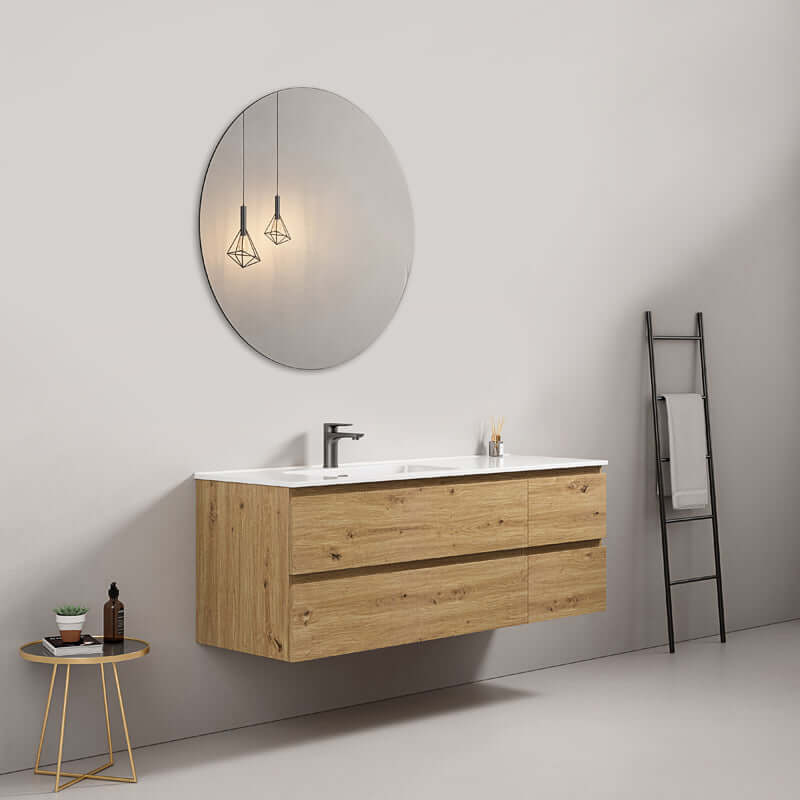 Mobile bagno sospeso 140 cm Bruno Medio Lavabo a Sinistra in Resina Specchio Tondo - Fiji Wood