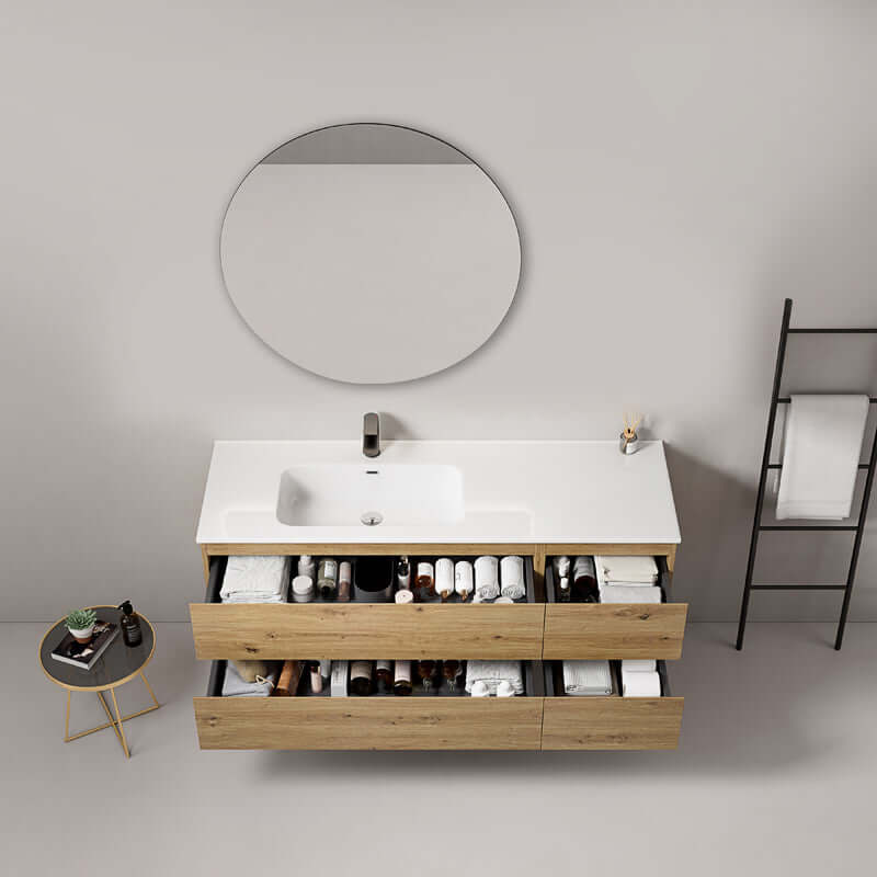 Mobile bagno sospeso 140 cm Bruno Medio Lavabo a Sinistra in Resina Specchio Tondo - Fiji Wood