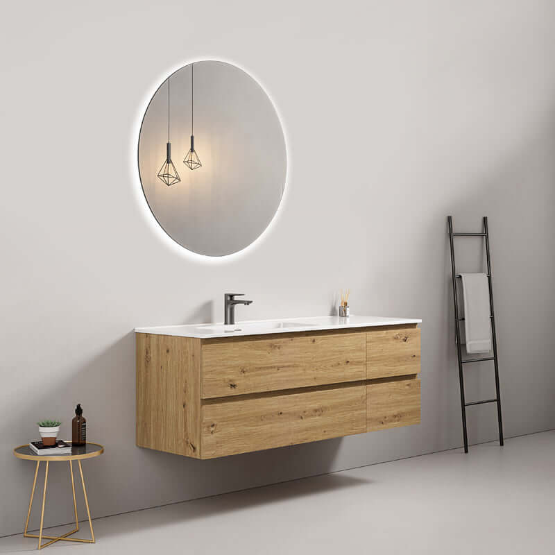 Mobile bagno sospeso 140 cm Bruno Medio Lavabo a Sinistra in Resina Specchio Tondo Retroilluminato - Fiji Wood