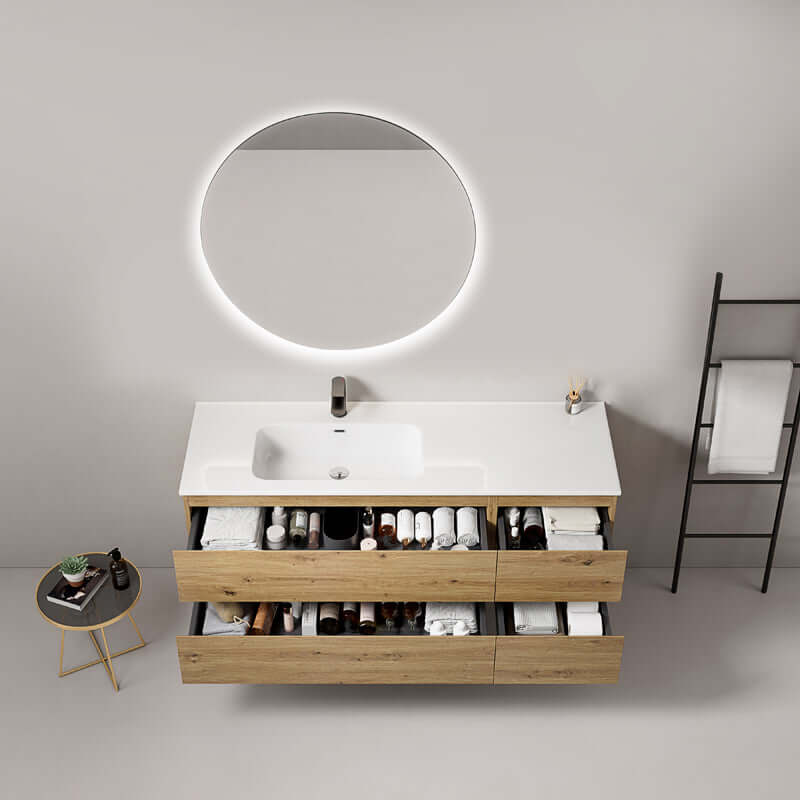 Mobile bagno sospeso 140 cm Bruno Medio Lavabo a Sinistra in Resina Specchio Tondo Retroilluminato - Fiji Wood