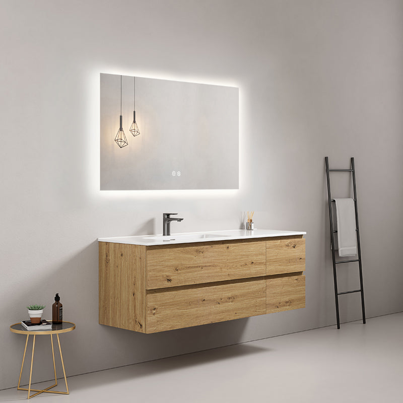 Mobile bagno sospeso 140 cm Bruno Medio Lavabo a Sinistra in Resina Specchio Quadro Retroilluminato - Fiji Wood