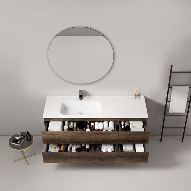 Mobile bagno sospeso 140 cm Bruno Scuro Lavabo a Sinistra in Resina Specchio Tondo - Fiji Wood