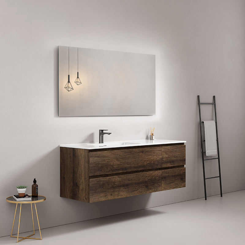 Mobile bagno sospeso 140 cm Bruno Scuro Lavabo a Sinistra in Resina Specchio Quadro - Fiji Wood