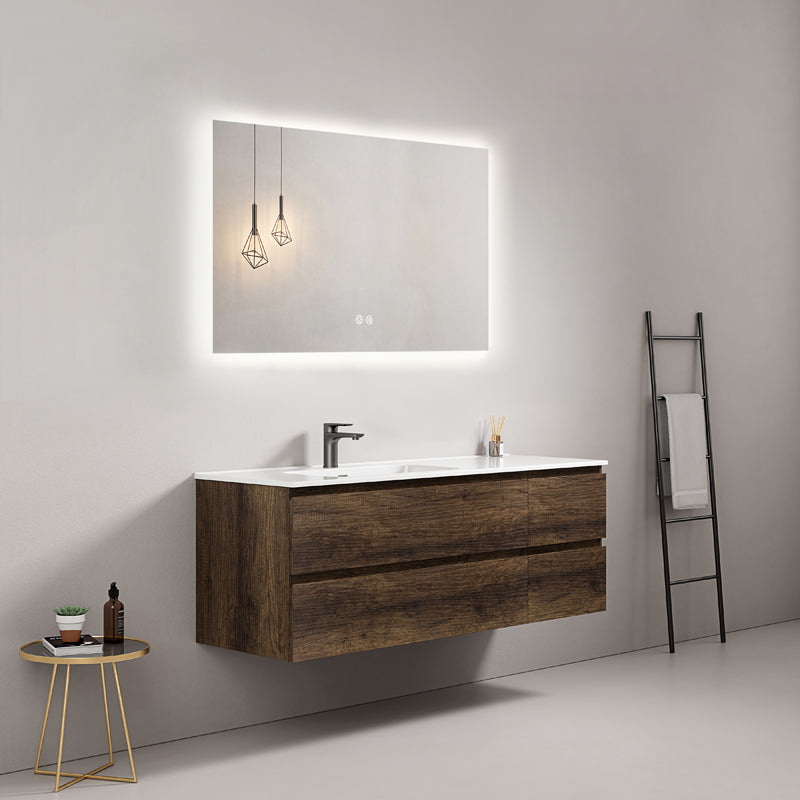 Mobile bagno sospeso 140 cm Bruno Scuro Lavabo a Sinistra in Resina Specchio Quadro Retroilluminato - Fiji Wood