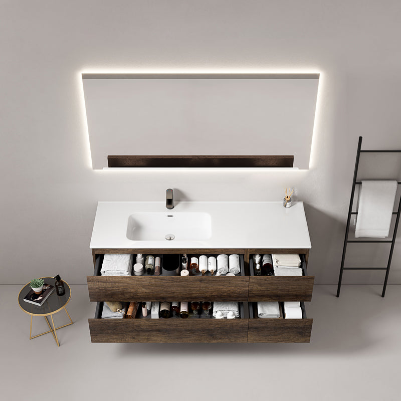 Mobile bagno sospeso 140 cm Bruno Scuro Lavabo a Sinistra in Resina Specchio Quadro Retroilluminato - Fiji Wood