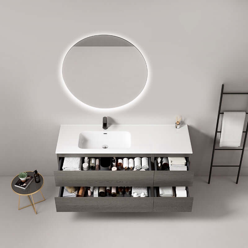 Mobile bagno sospeso 140 cm Grey Lavabo a Sinistra in Resina Specchio Tondo Retroilluminato - Fiji Wood