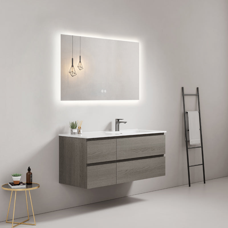 Mobile bagno sospeso 140 cm Grey Lavabo a Sinistra in Resina Specchio Quadro Retroilluminato - Fiji Wood