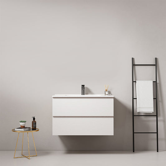 Mobile bagno sospeso 80 cm Bianco Lavabo in Ceramica Senza Specchio - Fiji Wood