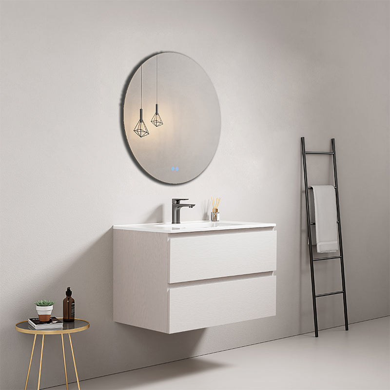 Mobile bagno sospeso 80 cm Bianco Lavabo in Ceramica Specchio Tondo - Fiji Wood