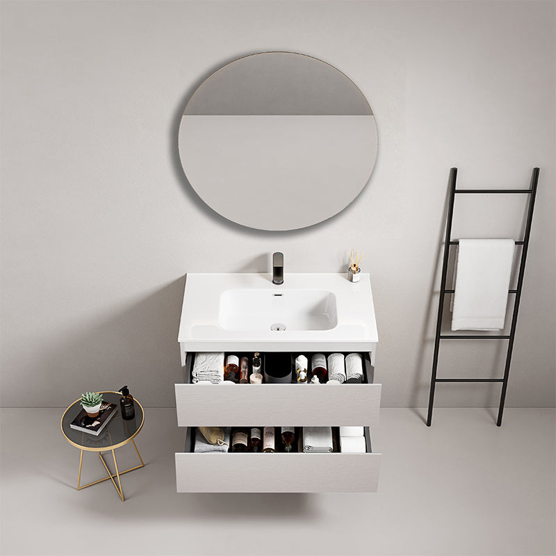 Mobile bagno sospeso 80 cm Bianco Lavabo in Ceramica Specchio Tondo - Fiji Wood