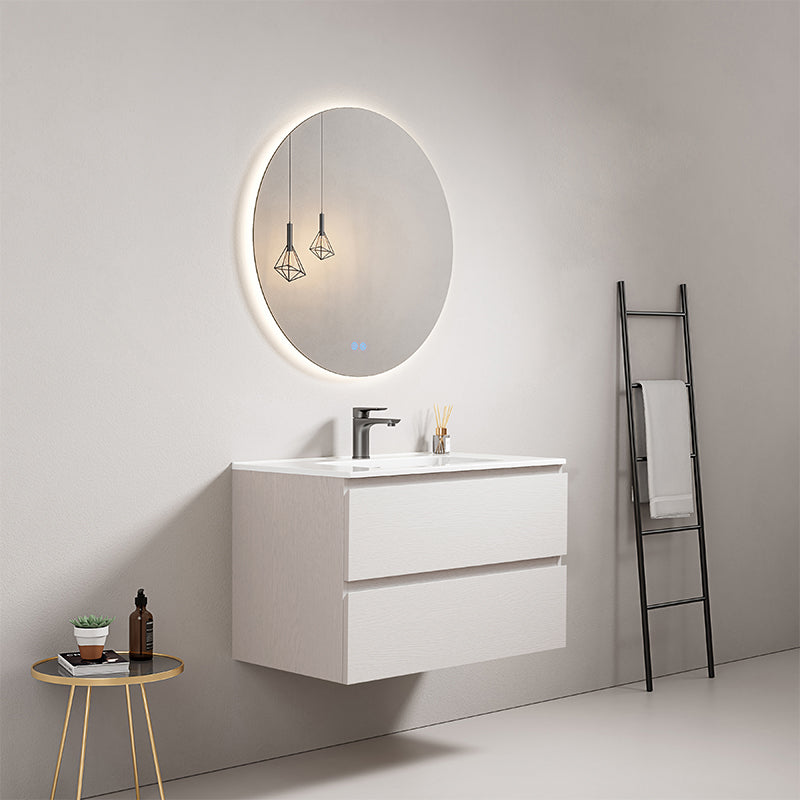 Mobile bagno sospeso 80 cm Bianco Lavabo in Ceramica Specchio Tondo Retroilluminato - Fiji Wood