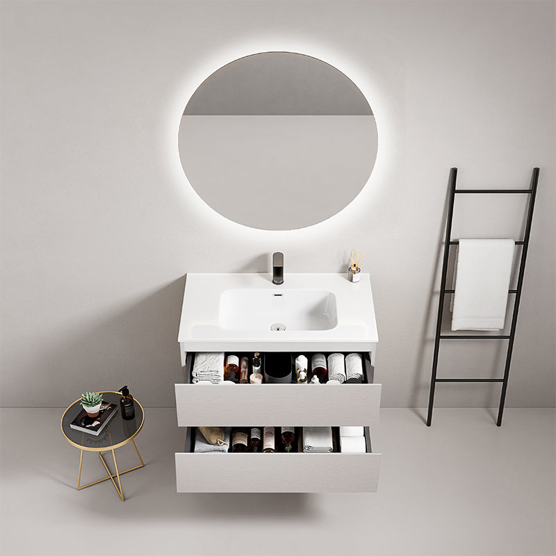 Mobile bagno sospeso 80 cm Bianco Lavabo in Ceramica Specchio Tondo Retroilluminato - Fiji Wood