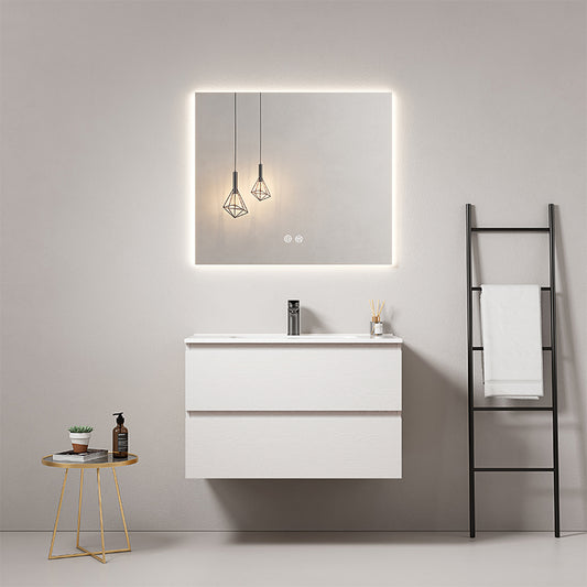 Mobile bagno sospeso 100 cm Bianco Lavabo in Ceramica Specchio Quadro Retroilluminato - Fiji Wood
