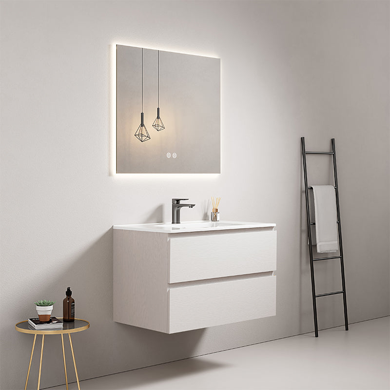 Mobile bagno sospeso 80 cm Bianco Lavabo in Ceramica Specchio Quadro Retroilluminato - Fiji Wood