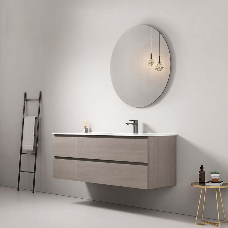 Mobile bagno sospeso 140 cm Beige Lavabo a Destra in Resina Specchio Tondo - Fiji Wood