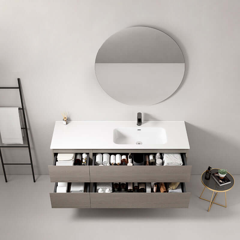 Mobile bagno sospeso 140 cm Beige Lavabo a Destra in Resina Specchio Tondo - Fiji Wood