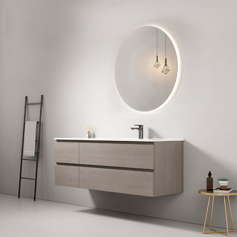 Mobile bagno sospeso 140 cm Beige Lavabo a Destra in Resina Specchio Tondo Retroilluminato - Fiji Wood