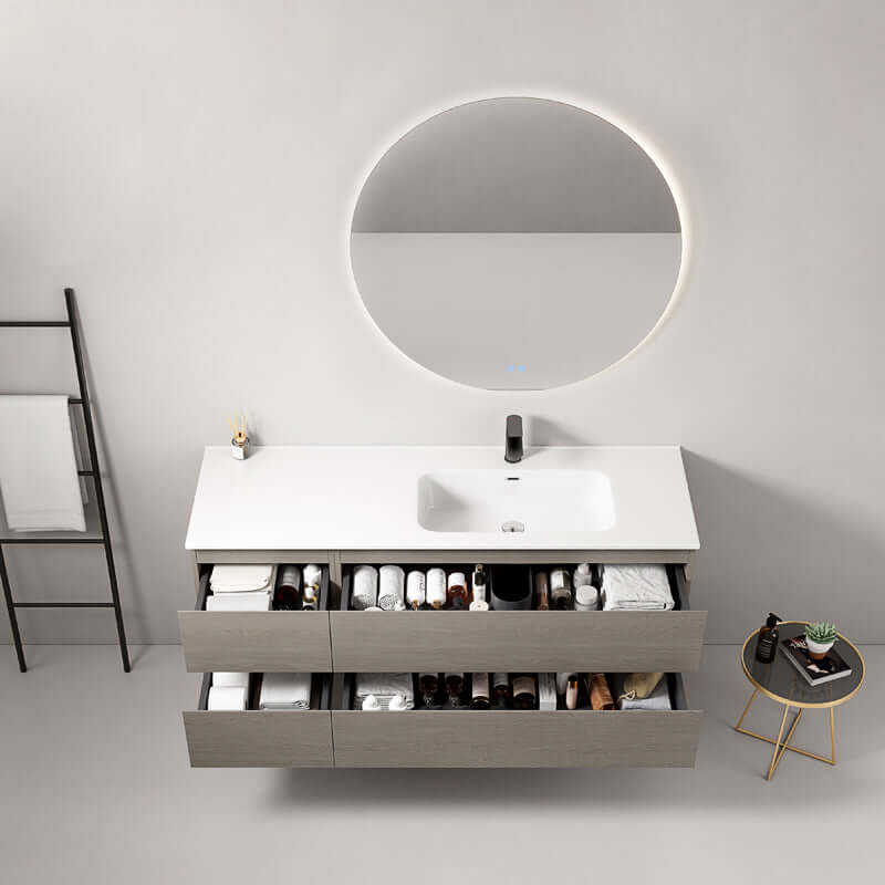 Mobile bagno sospeso 140 cm Beige Lavabo a Destra in Resina Specchio Tondo Retroilluminato - Fiji Wood