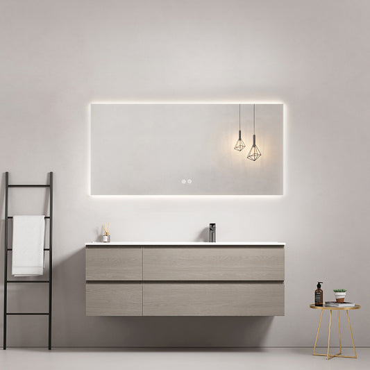 Mobile bagno sospeso 140 cm Beige Lavabo a Destra in Resina Specchio Quadro Retroilluminato - Fiji Wood