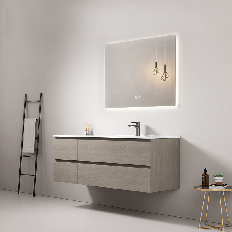 Mobile bagno sospeso 140 cm Beige Lavabo a Destra in Resina Specchio Quadro Retroilluminato - Fiji Wood