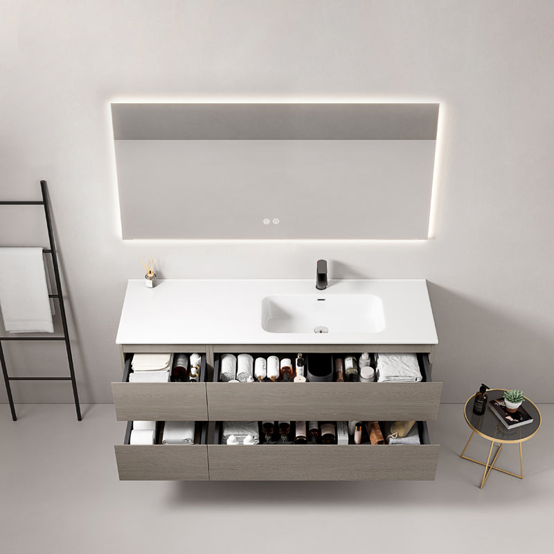 Mobile bagno sospeso 140 cm Beige Lavabo a Destra in Resina Specchio Quadro Retroilluminato - Fiji Wood