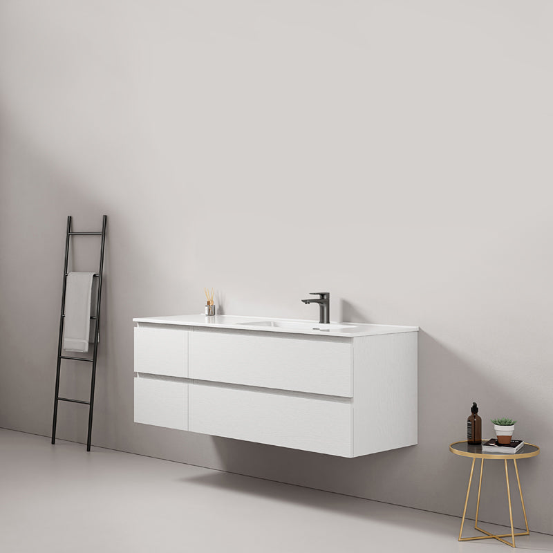 Mobile bagno sospeso 140 cm Bianco Lavabo a Destra in Resina Senza Specchio - Fiji Wood