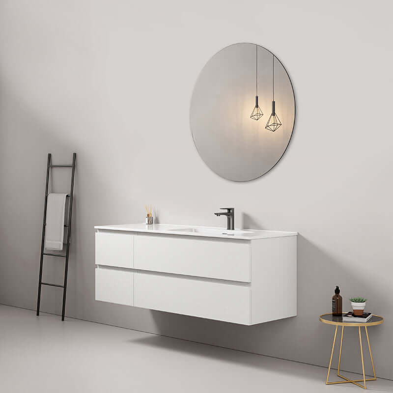Mobile bagno sospeso 140 cm Bianco Lavabo a Destra in Resina Specchio Tondo - Fiji Wood