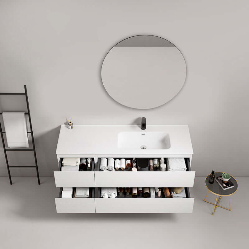 Mobile bagno sospeso 140 cm Bianco Lavabo a Destra in Resina Specchio Tondo - Fiji Wood
