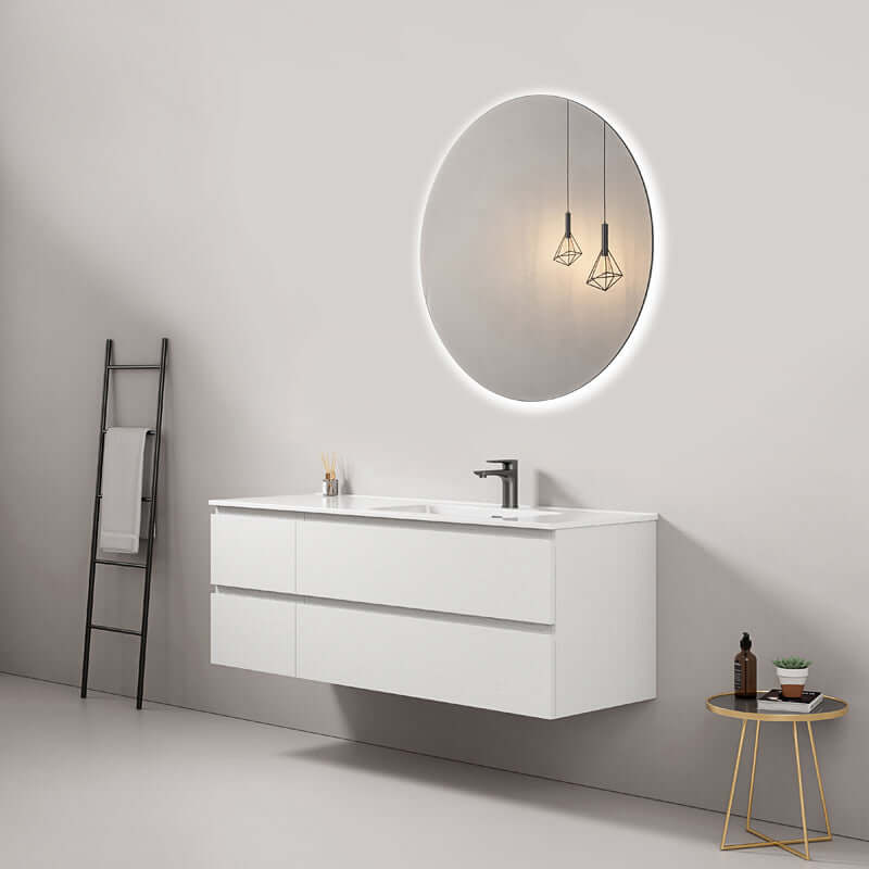Mobile bagno sospeso 140 cm Bianco Lavabo a Destra in Resina Specchio Tondo Retroilluminato - Fiji Wood