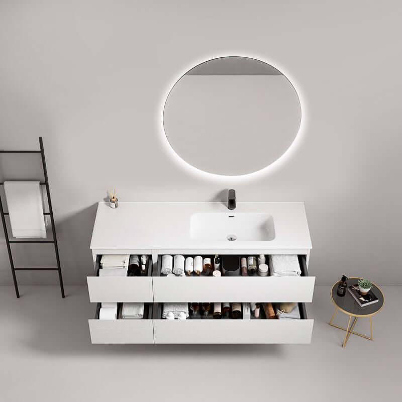 Mobile bagno sospeso 140 cm Bianco Lavabo a Destra in Resina Specchio Tondo Retroilluminato - Fiji Wood