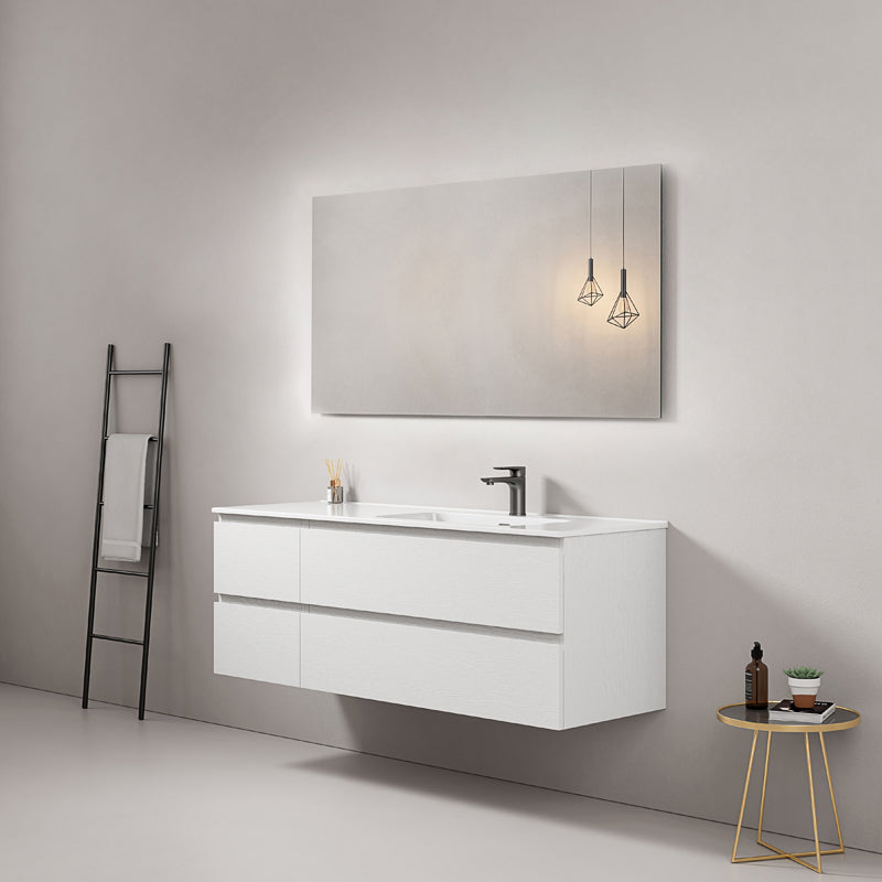 Mobile bagno sospeso 140 cm Bianco Lavabo a Destra in Resina Specchio Quadro - Fiji Wood
