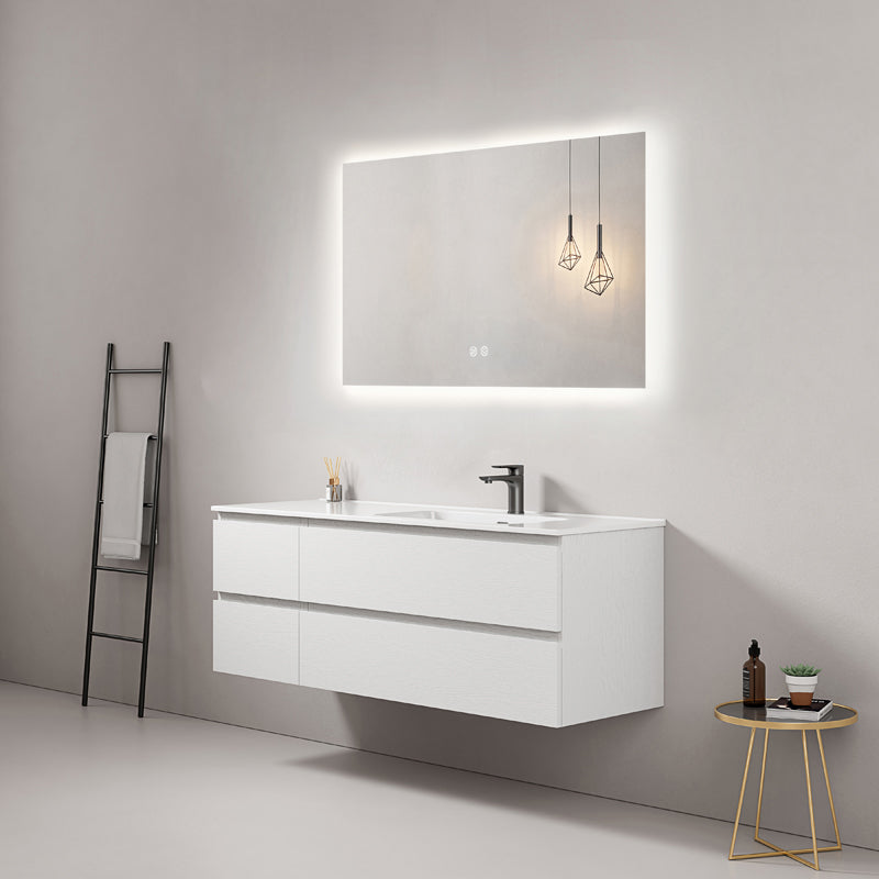 Mobile bagno sospeso 140 cm Bianco Lavabo a Destra in Resina Specchio Quadro Retroilluminato - Fiji Wood