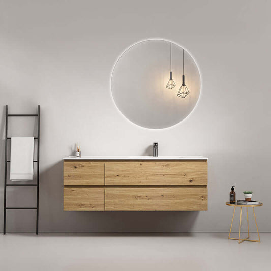 Mobile bagno sospeso 140 cm Bruno Medio Lavabo a Destra in Resina Specchio Tondo Retroilluminato - Fiji Wood