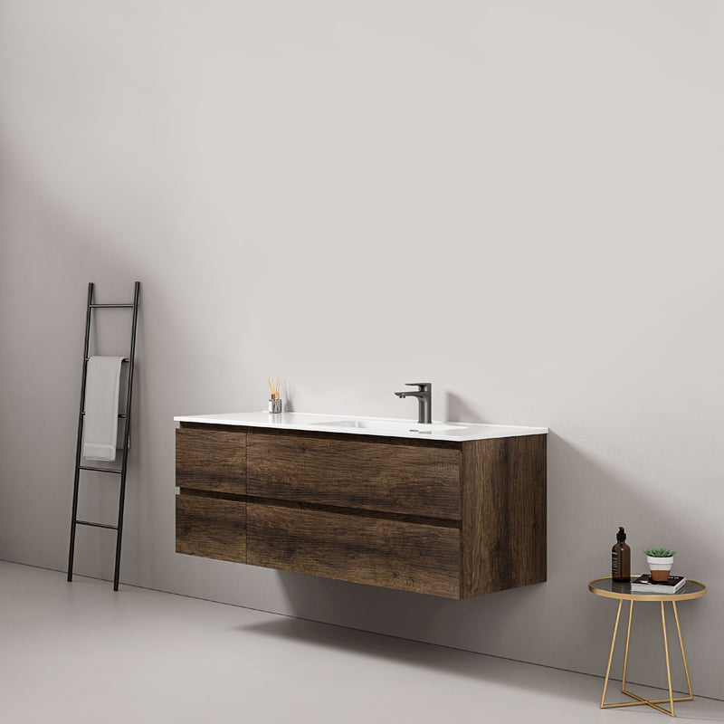 Mobile bagno sospeso 140 cm Bruno Scuro Lavabo a Destra in Resina Senza Specchio - Fiji Wood