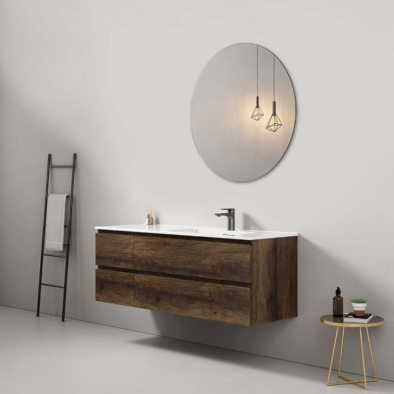 Mobile bagno sospeso 140 cm Bruno Scuro Lavabo a Destra in Resina Specchio Tondo - Fiji Wood