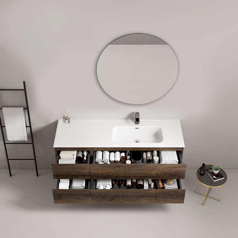 Mobile bagno sospeso 140 cm Bruno Scuro Lavabo a Destra in Resina Specchio Tondo - Fiji Wood