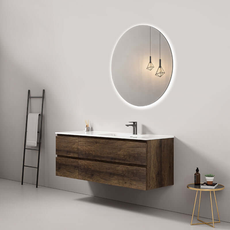 Mobile bagno sospeso 140 cm Bruno Scuro Lavabo a Destra in Resina Specchio Tondo Retroilluminato - Fiji Wood