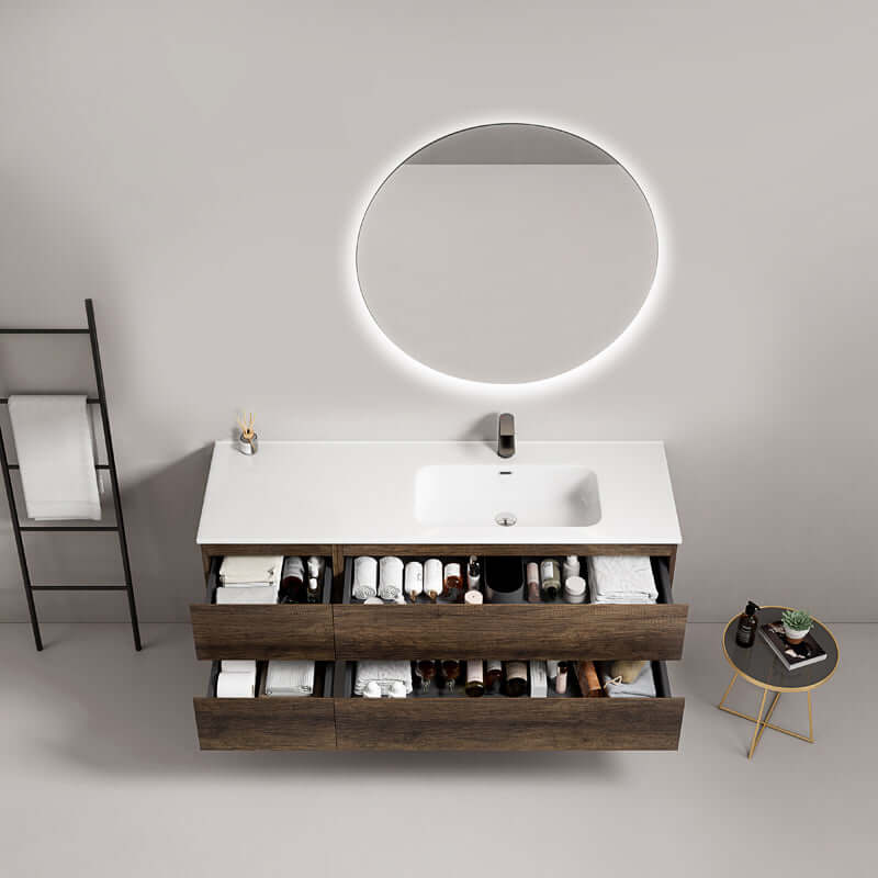 Mobile bagno sospeso 140 cm Bruno Scuro Lavabo a Destra in Resina Specchio Tondo Retroilluminato - Fiji Wood