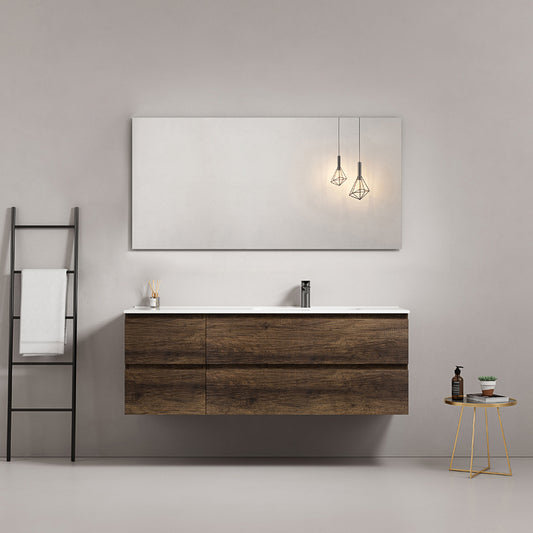 Mobile bagno sospeso 140 cm Bruno Scuro Lavabo a Destra in Resina Specchio Quadro - Fiji Wood