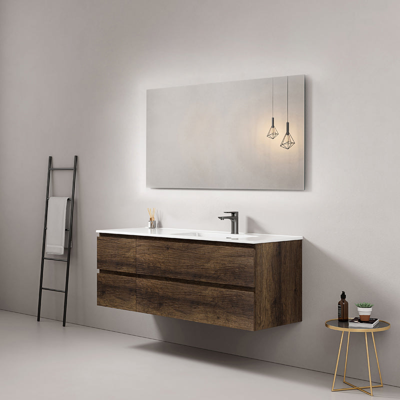 Mobile bagno sospeso 140 cm Bruno Scuro Lavabo a Destra in Resina Specchio Quadro - Fiji Wood