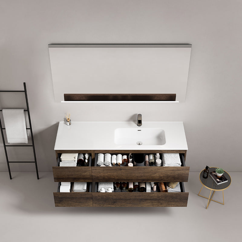 Mobile bagno sospeso 140 cm Bruno Scuro Lavabo a Destra in Resina Specchio Quadro - Fiji Wood