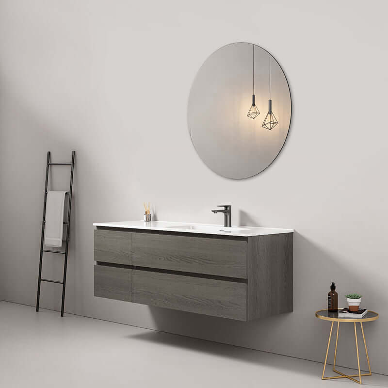 Mobile bagno sospeso 140 cm Grey Lavabo a Destra in Resina Specchio Tondo - Fiji Wood