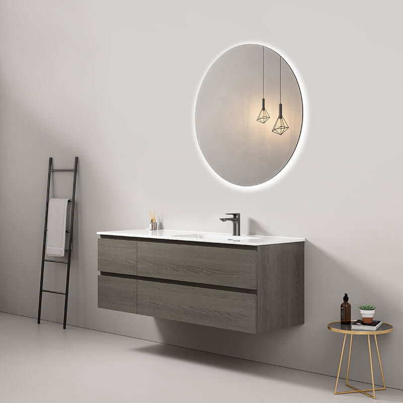 Mobile bagno sospeso 140 cm Grey Lavabo a Destra in Resina Specchio Tondo Retroilluminato - Fiji Wood