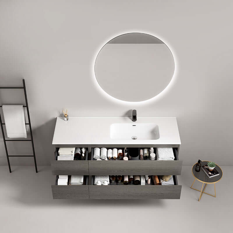 Mobile bagno sospeso 140 cm Grey Lavabo a Destra in Resina Specchio Tondo Retroilluminato - Fiji Wood