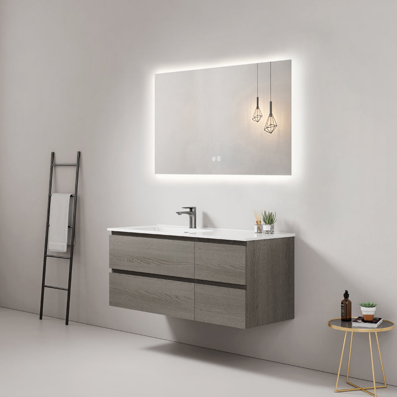 Mobile bagno sospeso 140 cm Grey Lavabo a Destra in Resina Specchio Quadro Retroilluminato - Fiji Wood